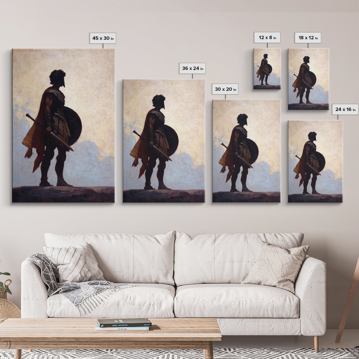Ancient Warrior Silhouette With Shield And Sword Wall Art, Roman Soldier Canvas, Masculine Office Decor, Historical Fine Art Print
