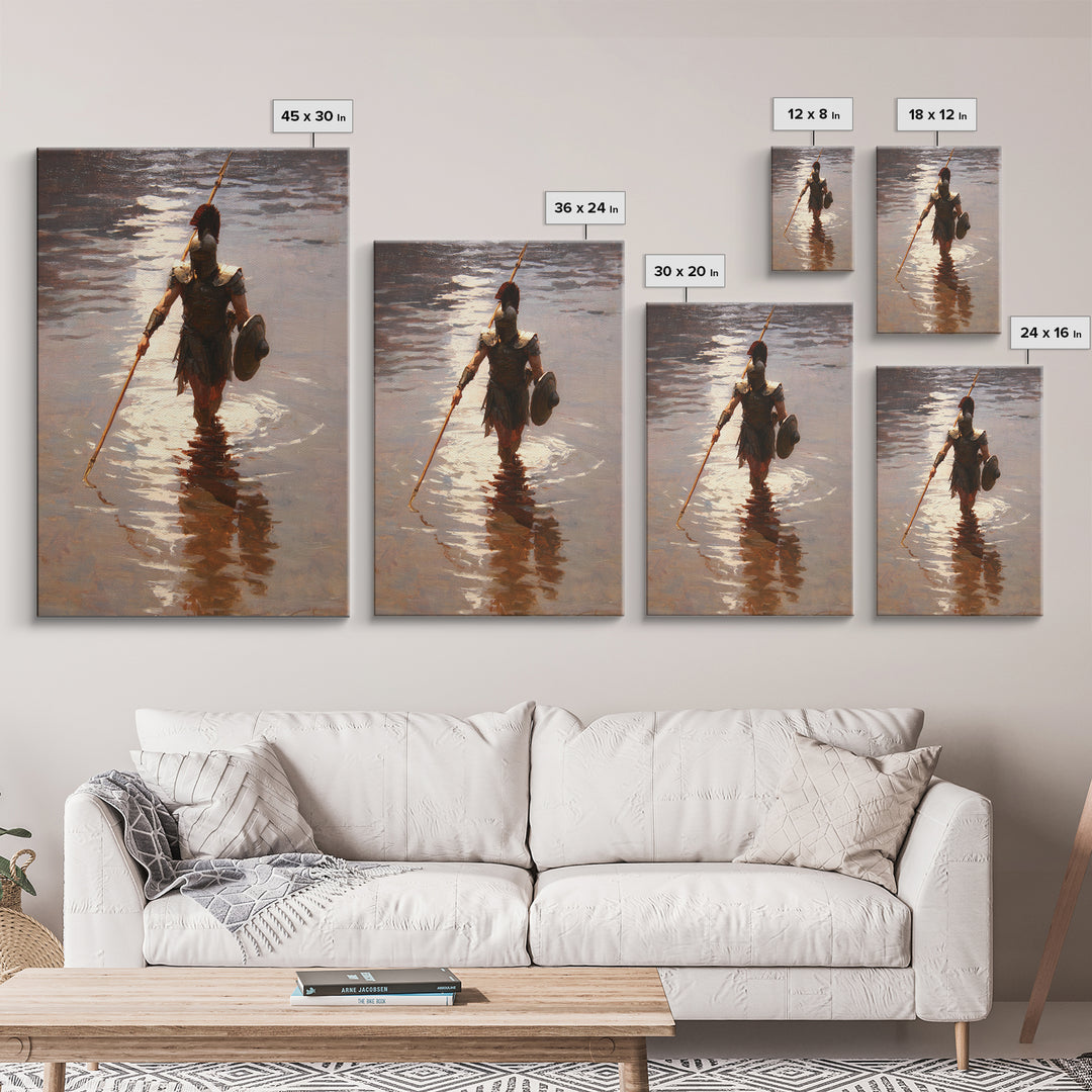 Solitary Spartan Warrior In Shimmering Water Wall Art, Ancient Spear Canvas Print, Greek History Living Room And Office Decor