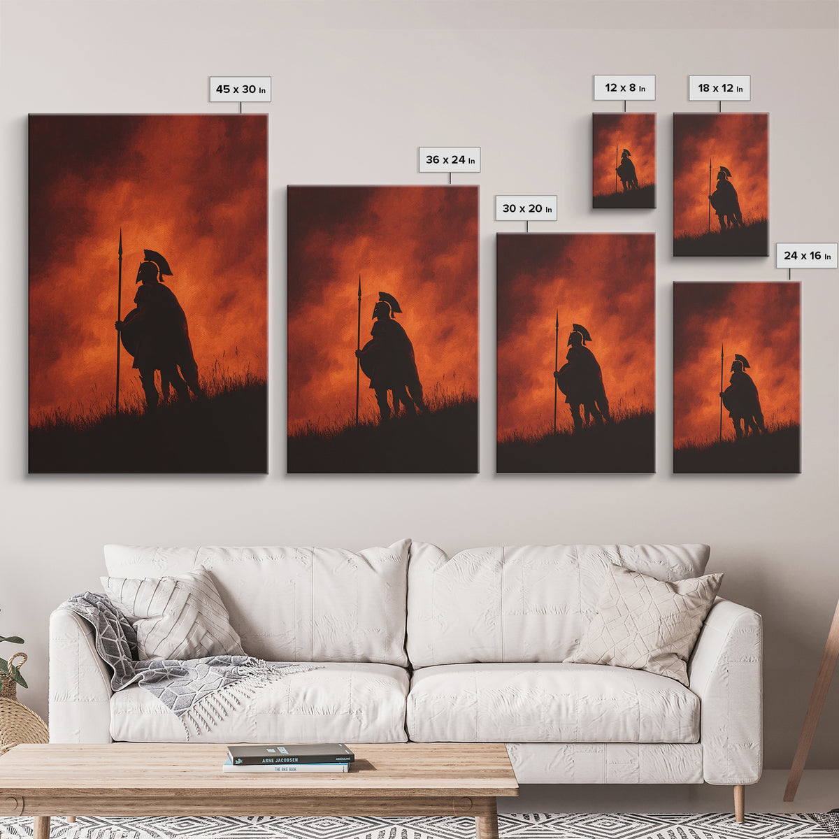 Spartan Silhouette At Red Sunset Wall Art, Ancient Warrior Canvas Print, Dramatic Battle Painting, Masculine Decor Gift For Him