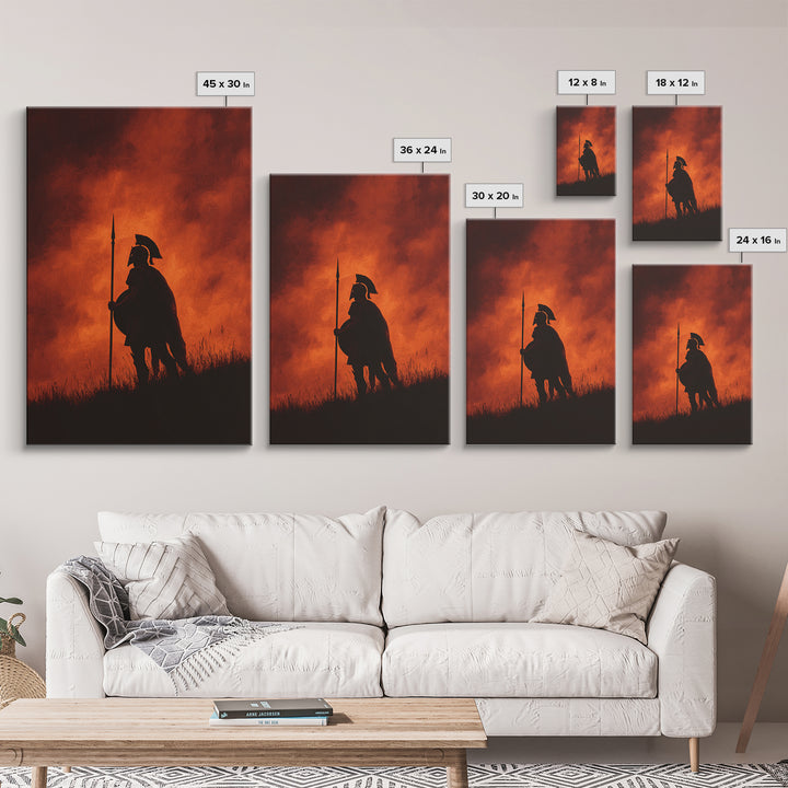 Spartan Silhouette At Red Sunset Wall Art, Ancient Warrior Canvas Print, Dramatic Battle Painting, Masculine Decor Gift For Him