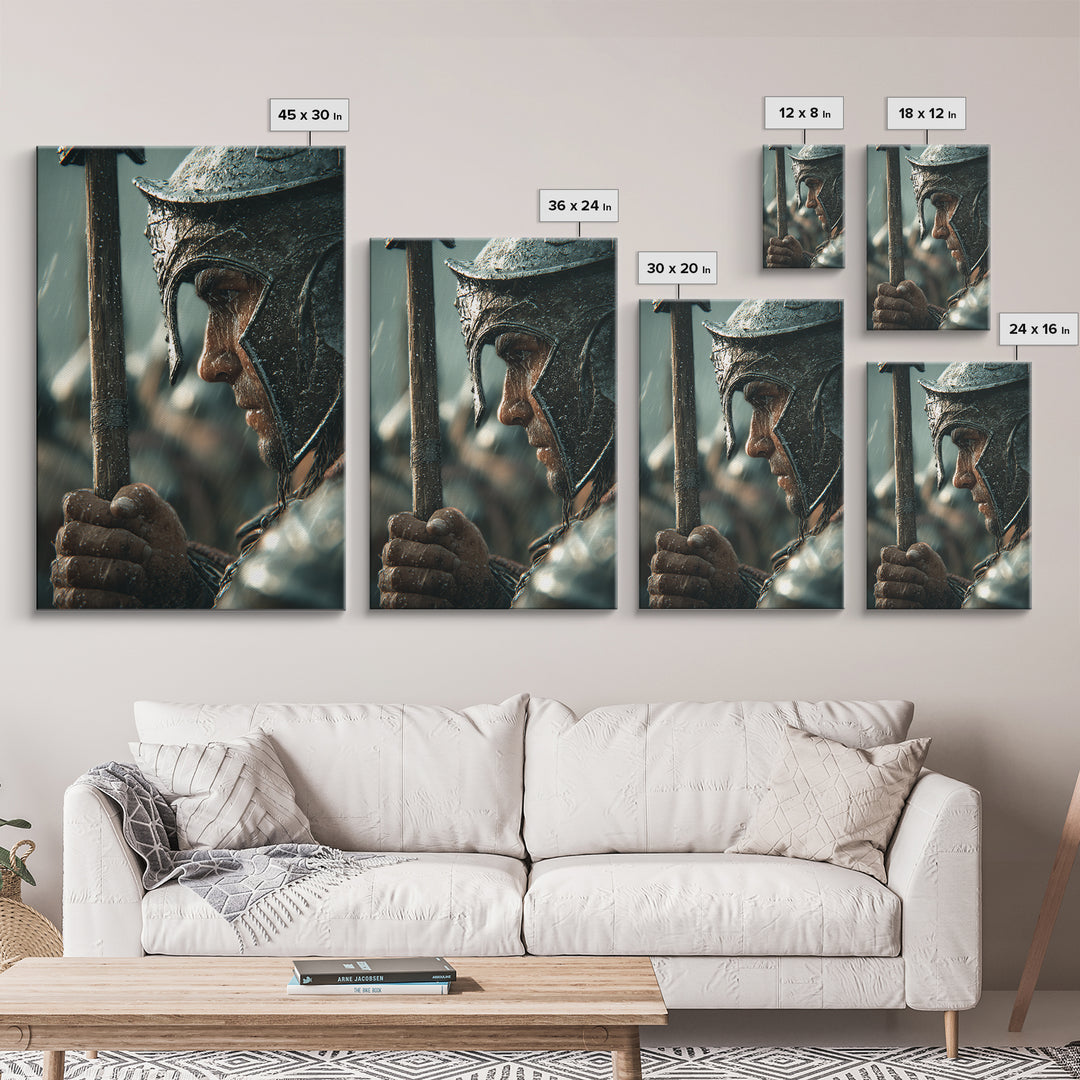Rain Soaked Warrior Helmet Closeup Canvas Print, Spartan Soldier Wall Art, Dark Historical Decor, Masculine Gift For Him