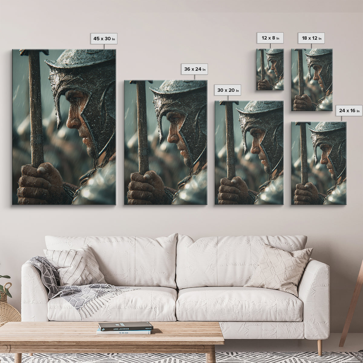 Rain Soaked Warrior Helmet Closeup Canvas Print, Spartan Soldier Wall Art, Dark Historical Decor, Masculine Gift For Him