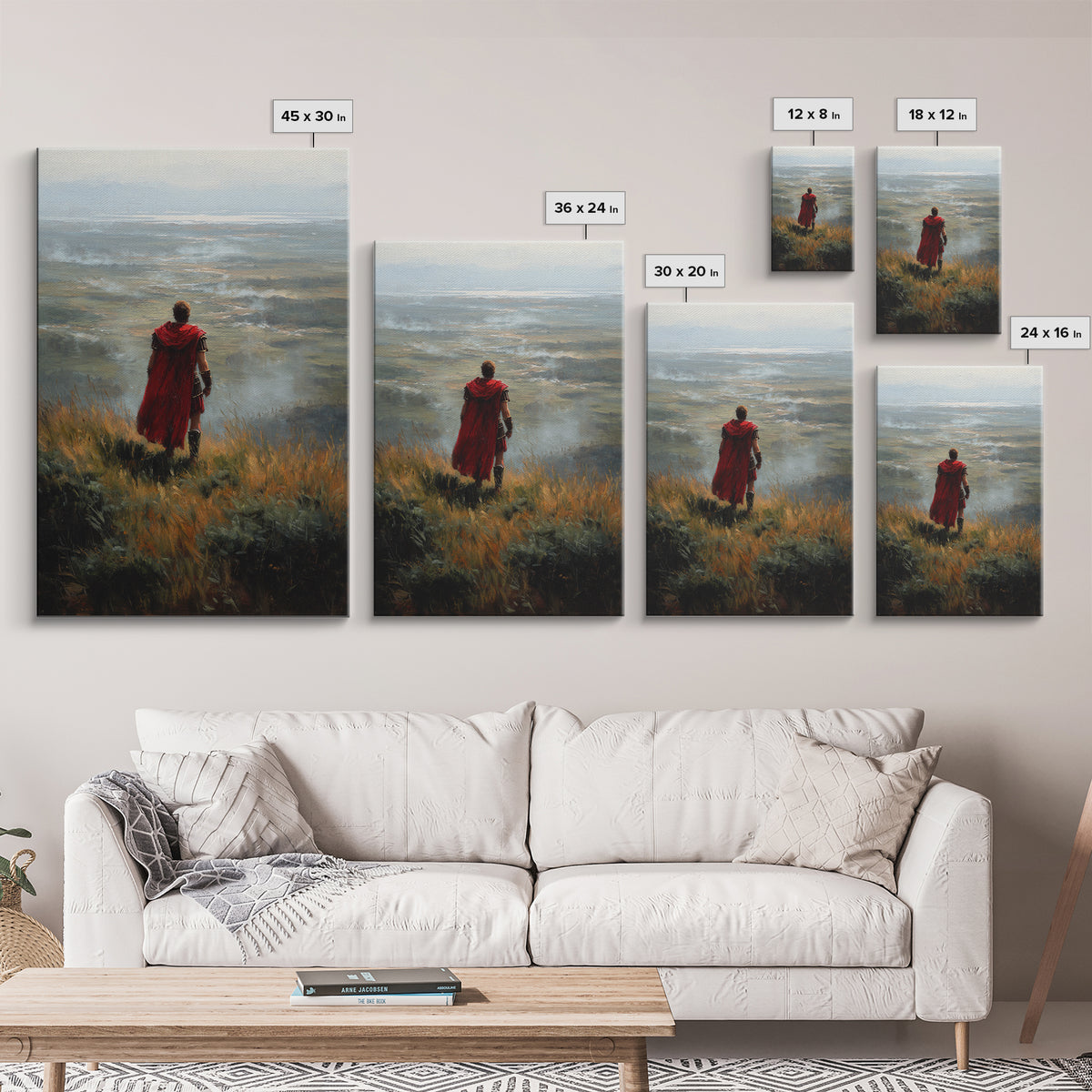 Roman Soldier In Red Cape Over Misty Valley Wall Art, Historical Landscape Painting, Moody Warrior Art Decor, Gift For Him
