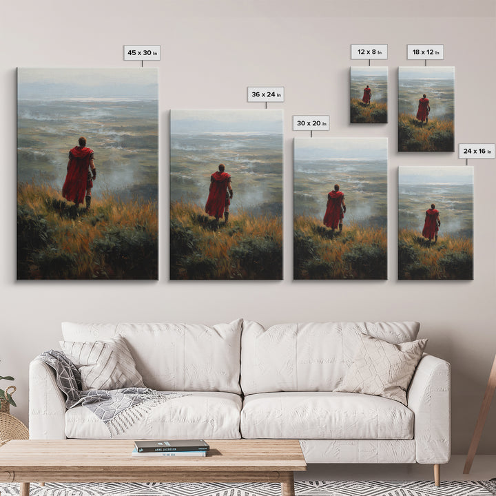 Roman Soldier In Red Cape Over Misty Valley Wall Art, Historical Landscape Painting, Moody Warrior Art Decor, Gift For Him