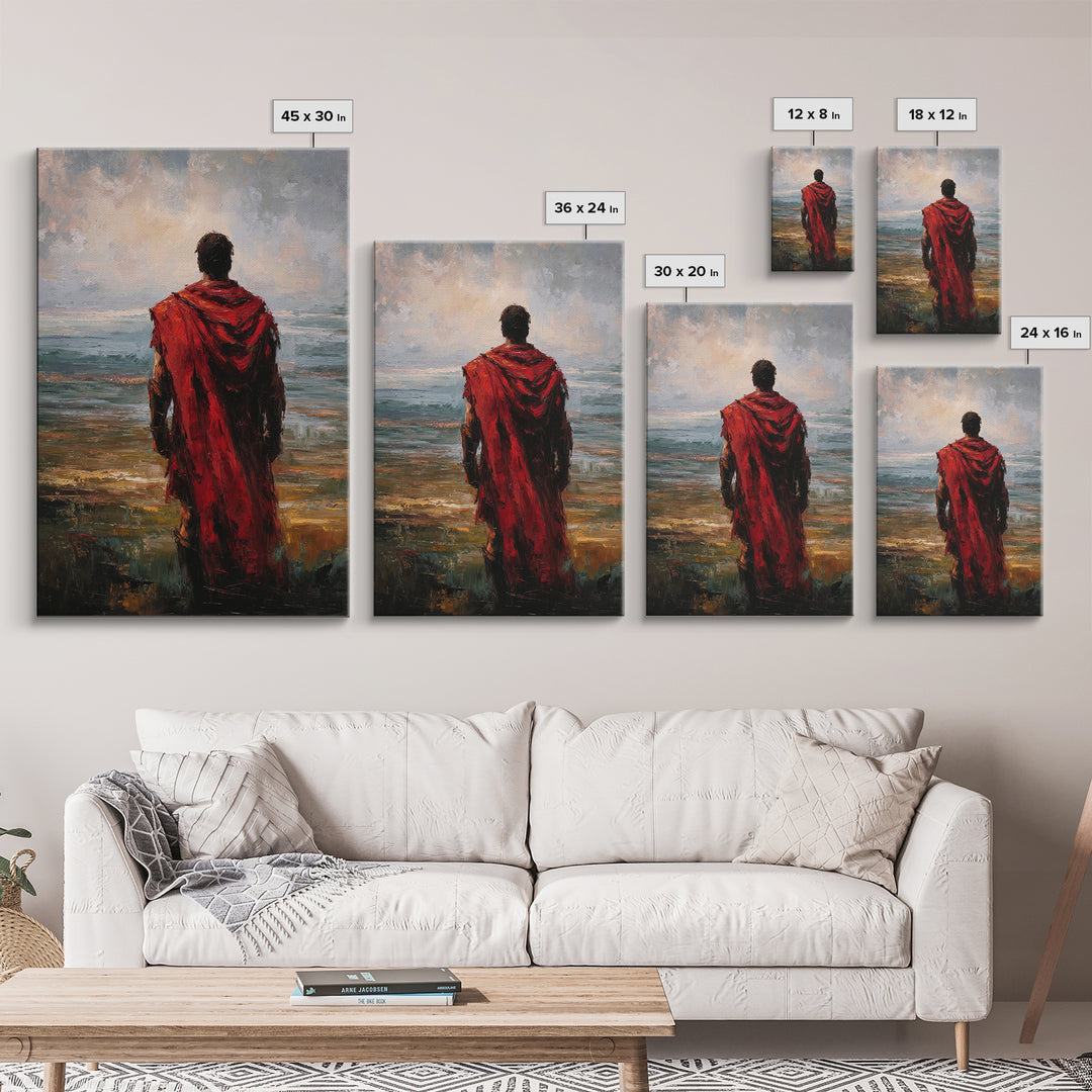 Red Cloaked Warrior Gazing At Sea Canvas Print, Moody Seascape Oil Painting, Roman Wall Art, Masculine Living Room Decor