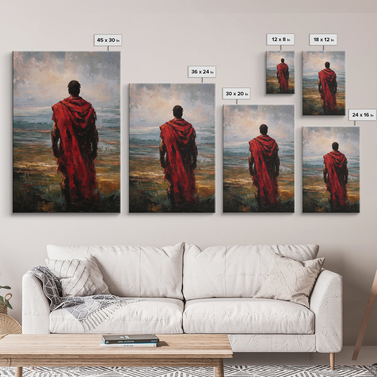 Red Cloaked Warrior Gazing At Sea Canvas Print, Moody Seascape Oil Painting, Roman Wall Art, Masculine Living Room Decor