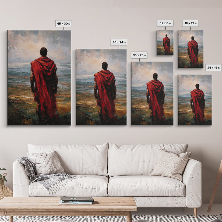 Red Cloaked Warrior Gazing At Sea Canvas Print, Moody Seascape Oil Painting, Roman Wall Art, Masculine Living Room Decor