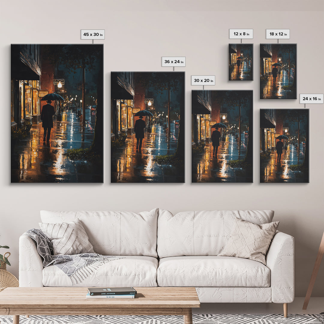Rainy City Street With Umbrella At Night Wall Art, Moody Urban Landscape Print, Noir Office Decor, Modern Home Decor, Contemporary Art