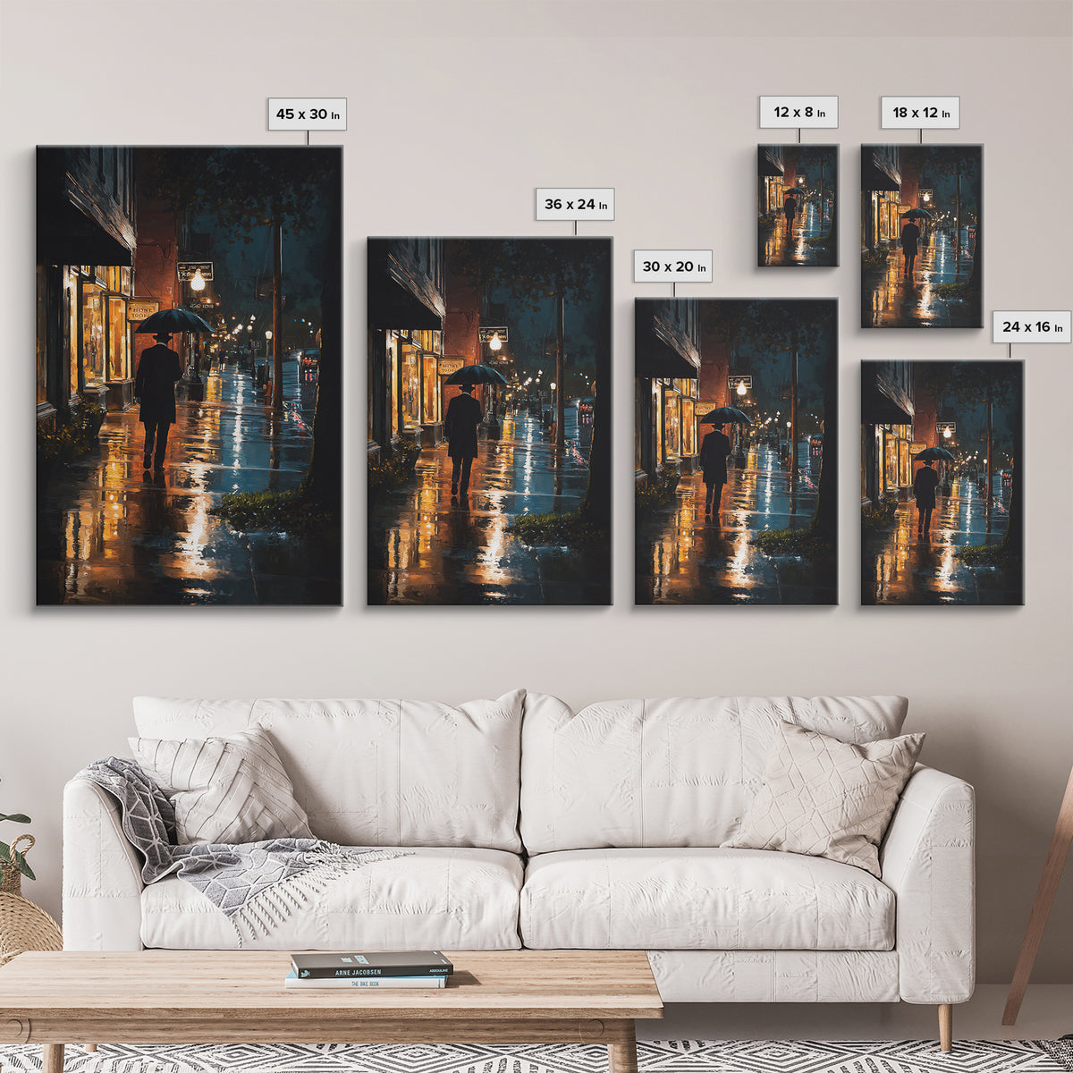 Rainy City Street With Umbrella At Night Wall Art, Moody Urban Landscape Print, Noir Office Decor, Modern Home Decor, Contemporary Art