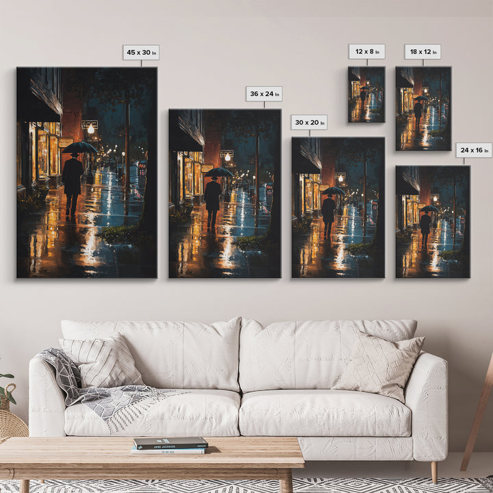Rainy City Street With Umbrella At Night Wall Art, Moody Urban Landscape Print, Noir Office Decor, Modern Home Decor, Contemporary Art