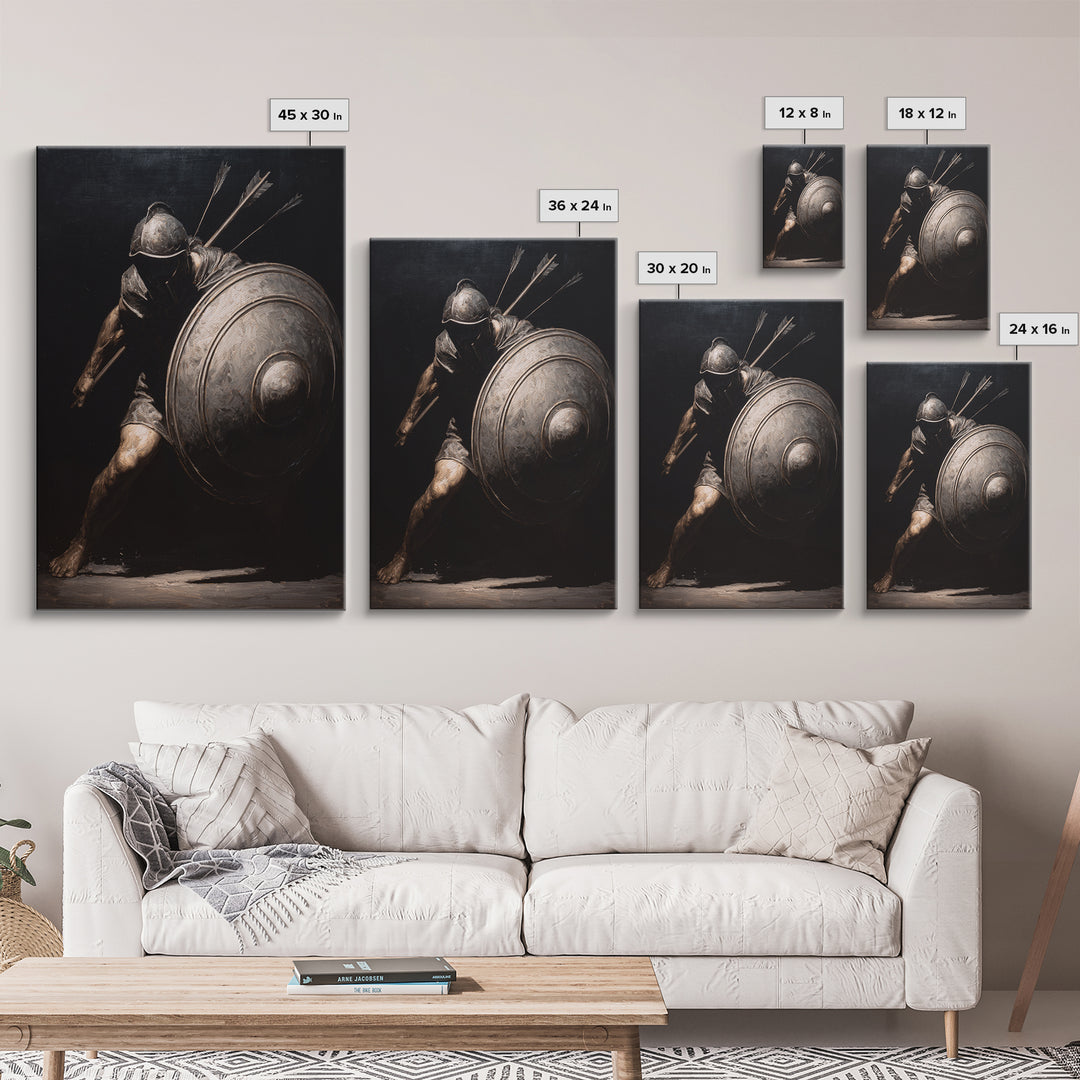 Wounded Medieval Knight Framed Canvas Print, Dark Academia Wall Art, Gothic Warrior Painting, Masculine Office Decor Gift