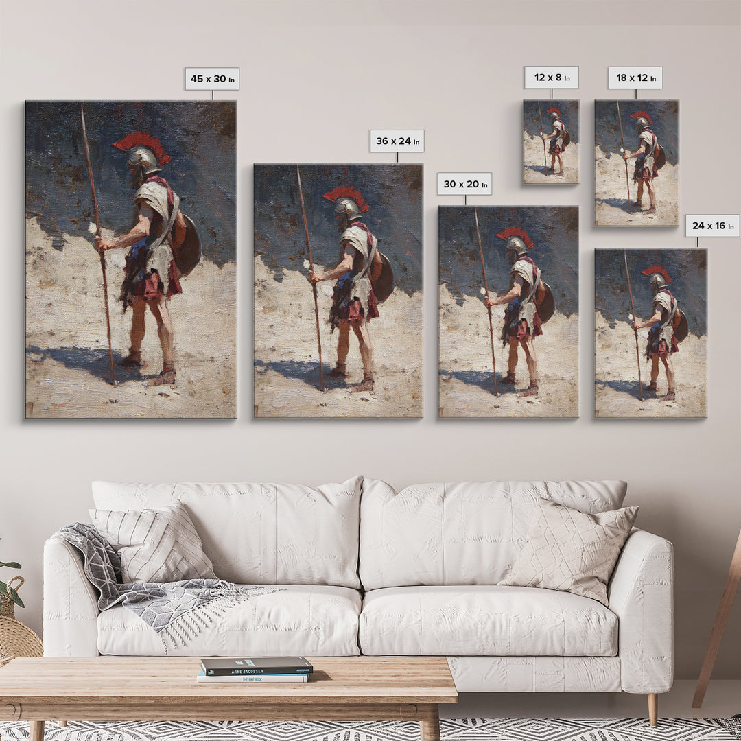 Solitary Roman Guard With Spear Wall Art, Ancient Soldier Canvas Print, Historical Warrior Decor, Masculine Office Art Gift