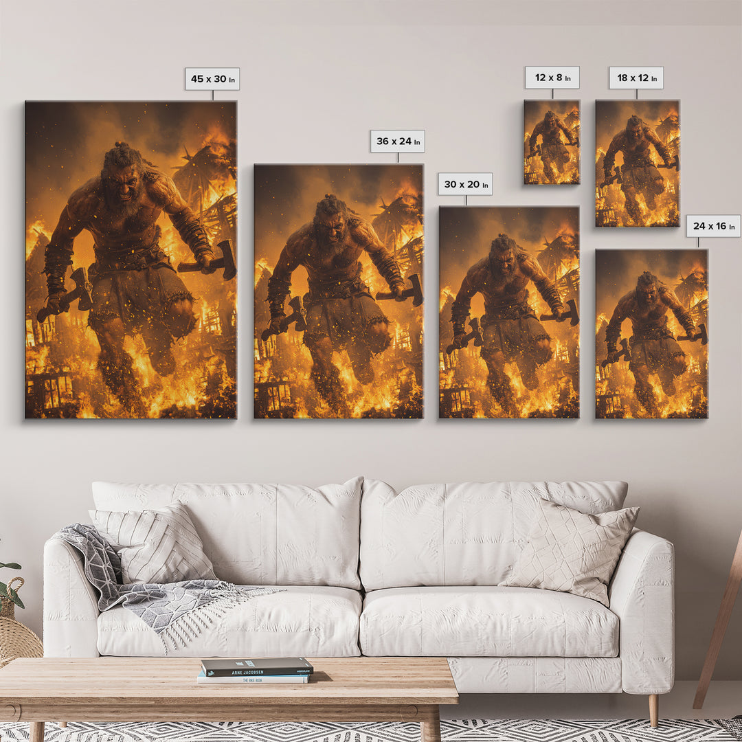 Fiery Berserker Giant With Axes, Dark Fantasy Wall Art, Viking Warrior Canvas, Gothic Decor, Man Cave, Statement Artwork Print