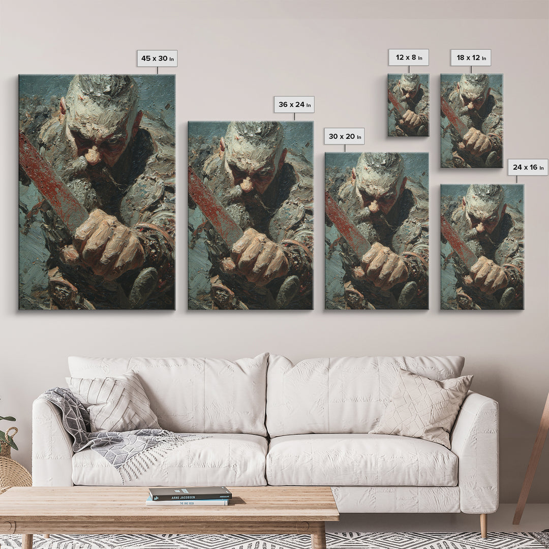 Viking Warrior Sword Framed Canvas Print, Impasto Battle Portrait, Medieval Norse Wall Decor For Masculine Office Gift Idea
