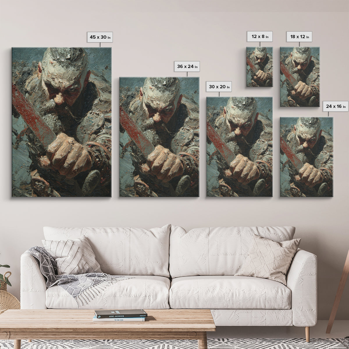 Viking Warrior Sword Framed Canvas Print, Impasto Battle Portrait, Medieval Norse Wall Decor For Masculine Office Gift Idea