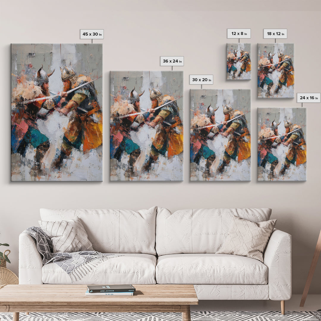 Viking Warriors Clashing Swords Canvas Print, Norse Battle Wall Art, Bold Historical Painting, Rustic Home Decor, Gift For Him