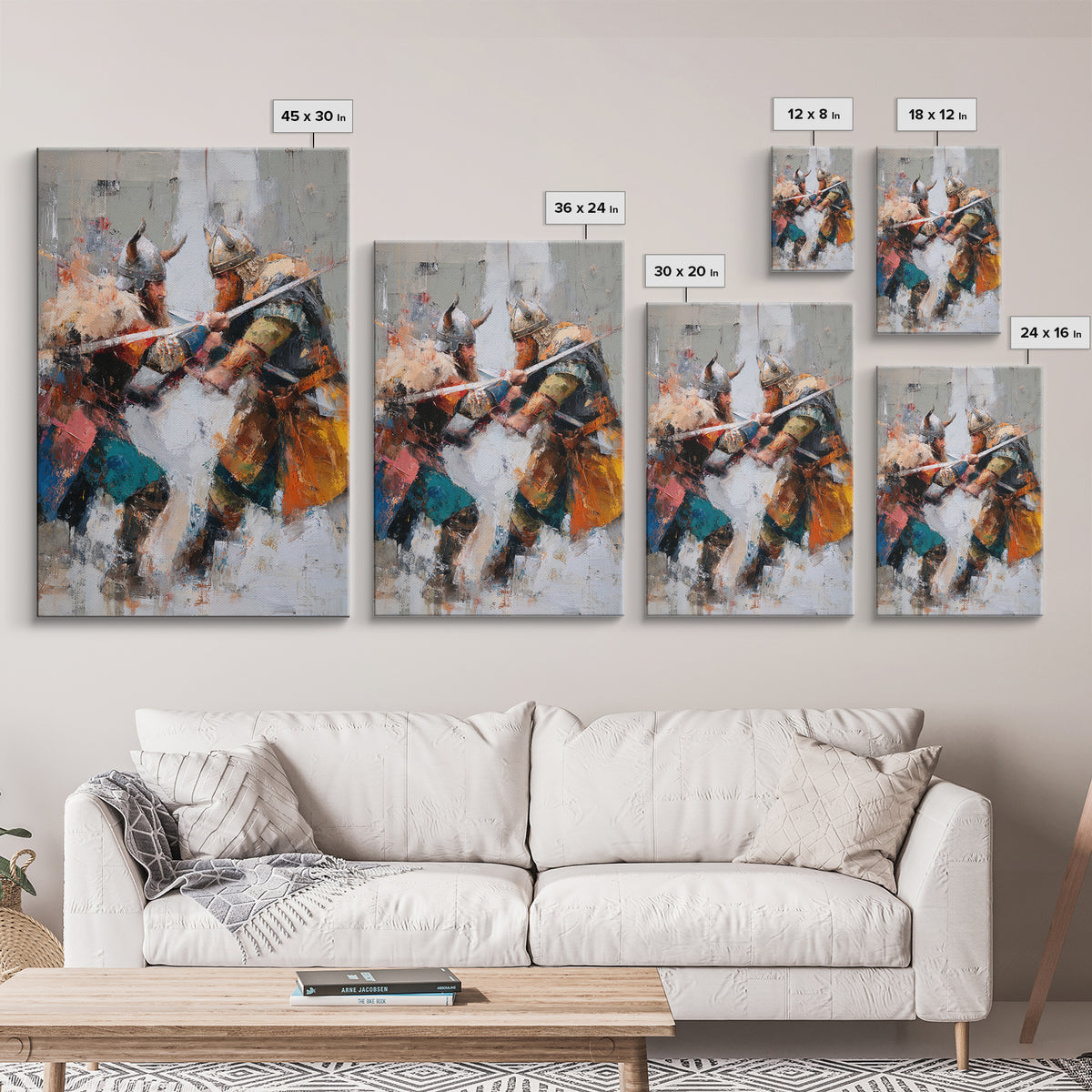 Viking Warriors Clashing Swords Canvas Print, Norse Battle Wall Art, Bold Historical Painting, Rustic Home Decor, Gift For Him