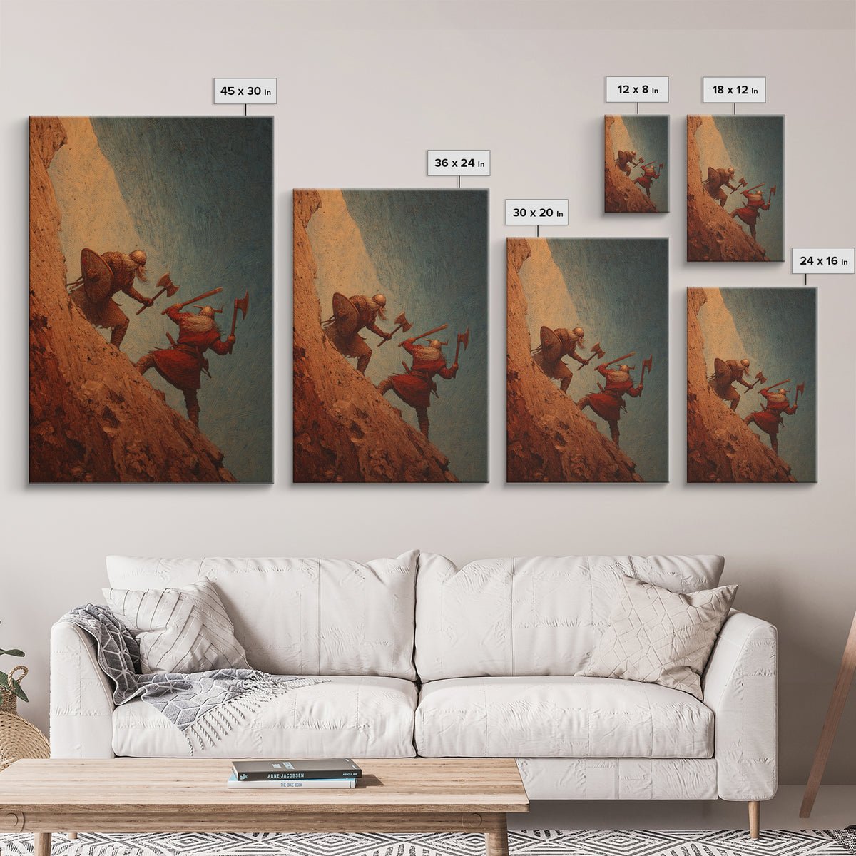 Viking Cliff Duel Wall Art, Norse Axes And Shields Fantasy Canvas Print, Warrior Battle Decor, Medieval Man Cave Wall Decor