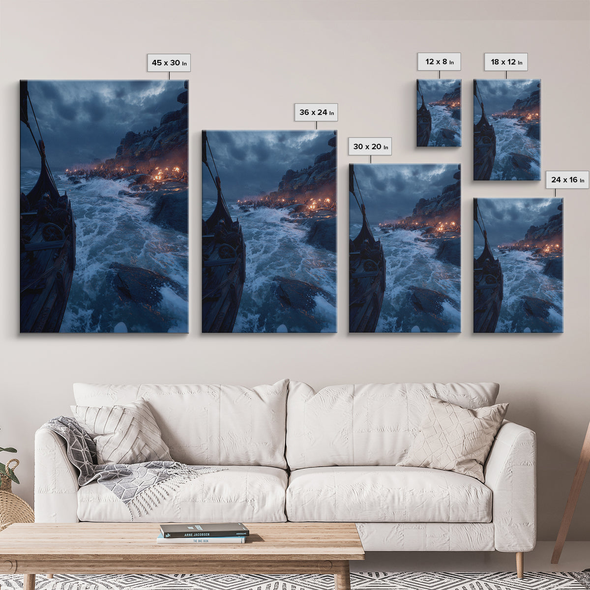 Viking Longship Landing On Stormy Coast Canvas Print, Norse Seascape Wall Art, Maritime Decor, Dark Fantasy Gift For Him