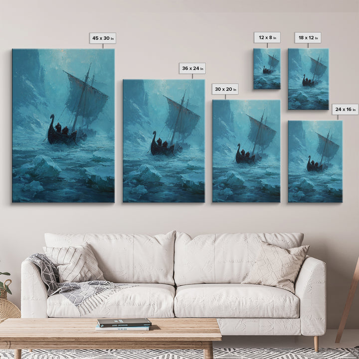 Icy Viking Ship At Sea Canvas Print, Nautical Wall Art, Norse Decor, Coastal Seascape, Fantasy Adventure Home Decor For Living Room