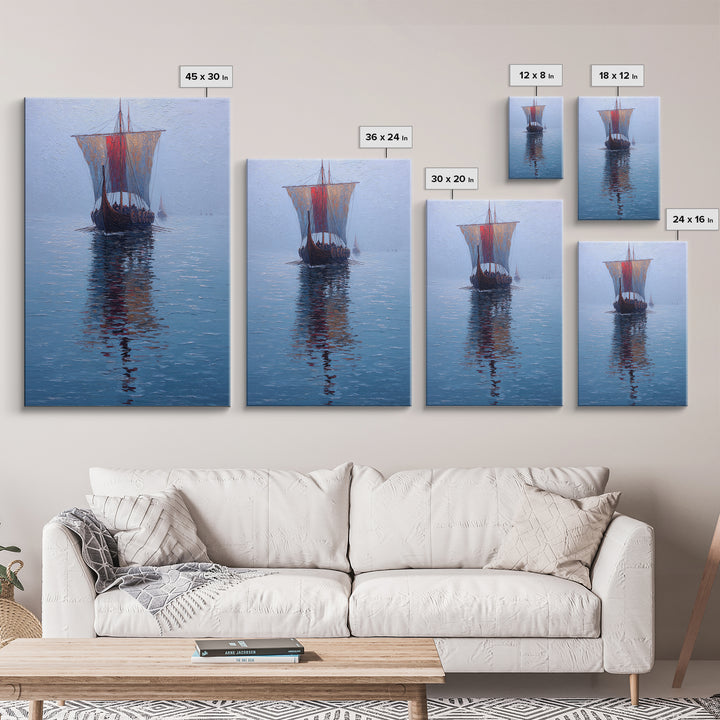 Viking Longship Sailing On Blue Water Framed Canvas Print, Nautical Wall Art, Nordic Seascape Decor, Lake House Art Print