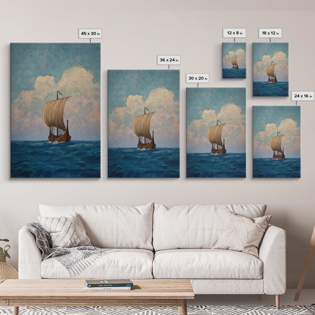 Viking Longship Sailing On Blue Sea Wall Art, Nautical Canvas Print, Scandinavian Coastal Decor, Historical Travel Poster