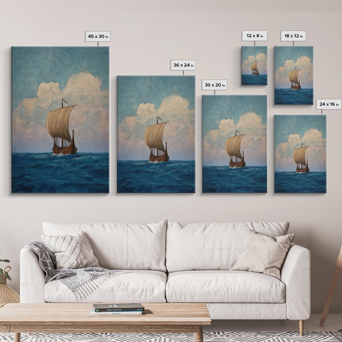 Viking Longship Sailing On Blue Sea Wall Art, Nautical Canvas Print, Scandinavian Coastal Decor, Historical Travel Poster