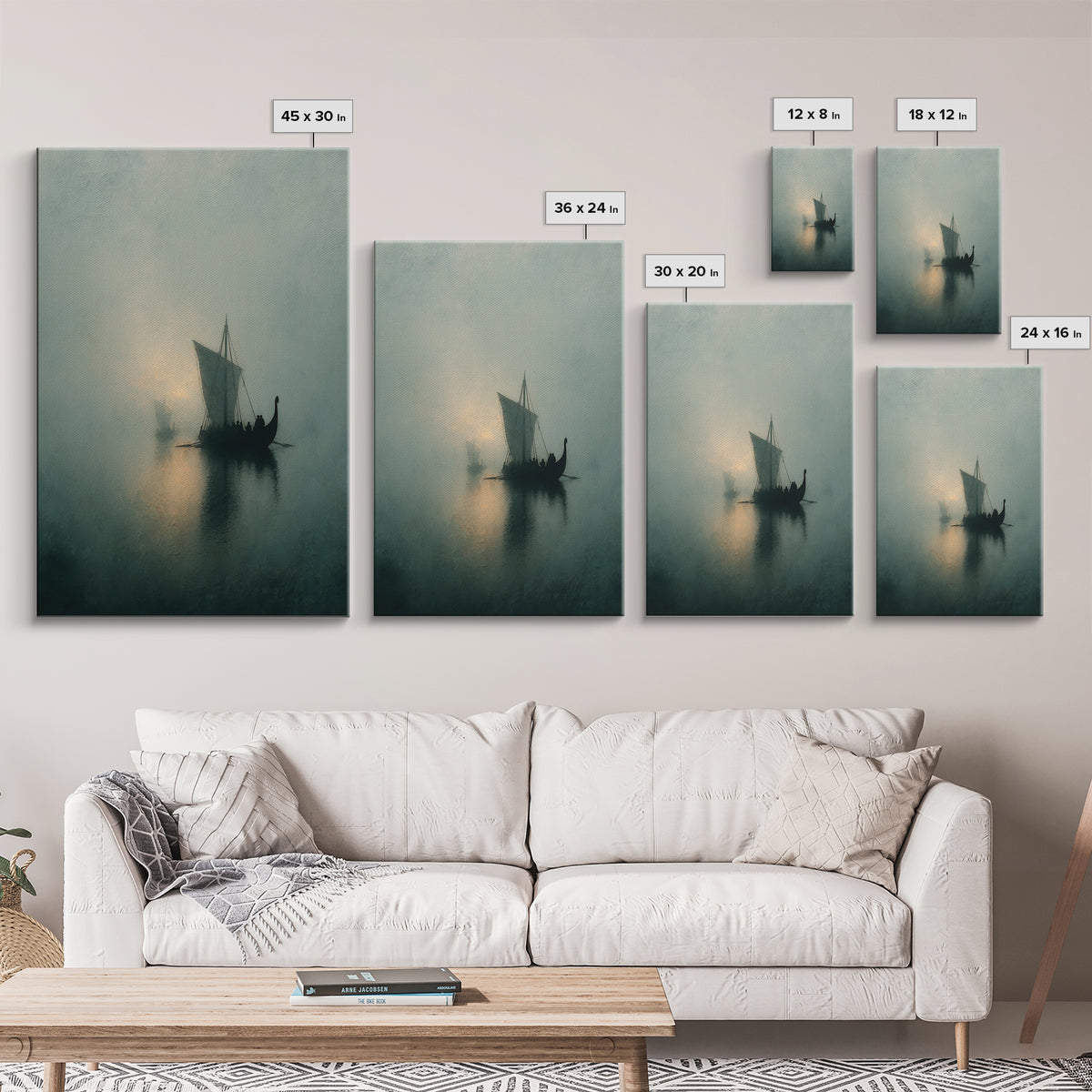 Misty Viking Sailboat On Foggy Water, Framed Canvas Print, Moody Seascape Wall Art, Nautical Decor, Nordic Coastal Art Print
