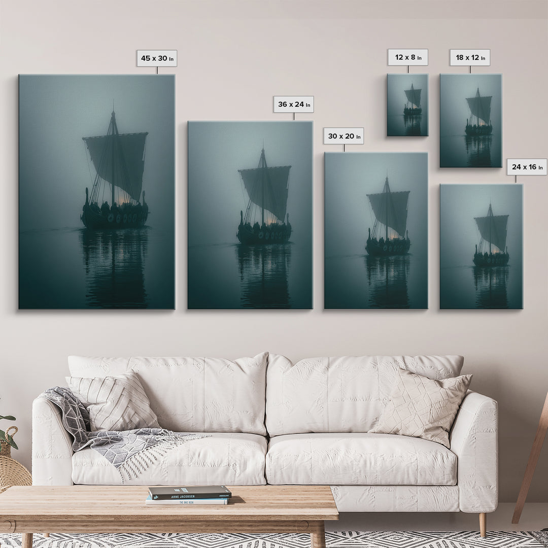 Misty Viking Longship On Dark Water Wall Art, Nordic Nautical Canvas Print, Moody Coastal Decor, Fantasy Seascape Living Room Art