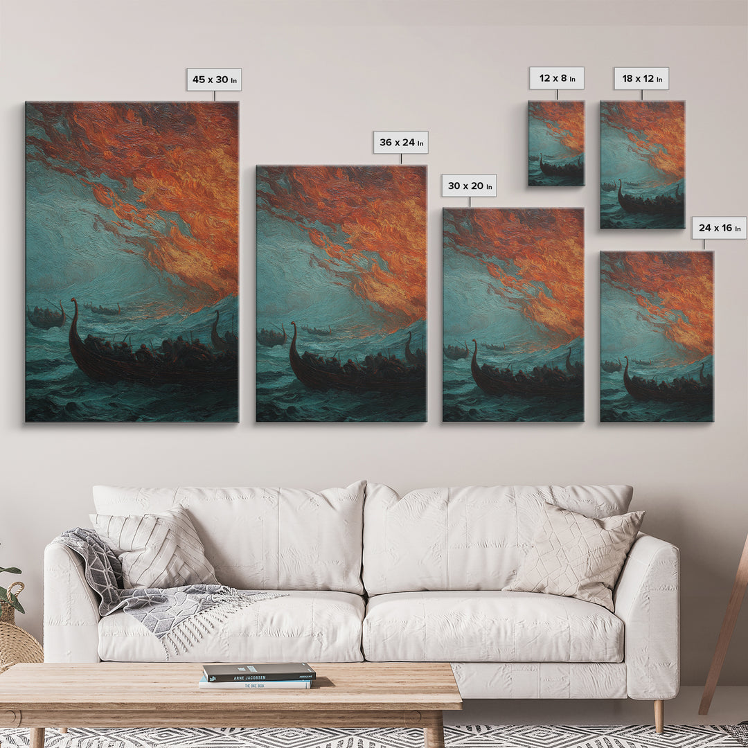 Viking Longships Under Fiery Storm Sky Wall Art, Norse Seascape Canvas Print, Dark Academia Coastal Home Decor, Living Room Decor