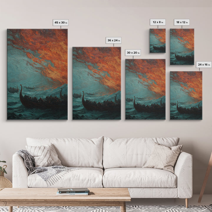 Viking Longships Under Fiery Storm Sky Wall Art, Norse Seascape Canvas Print, Dark Academia Coastal Home Decor, Living Room Decor