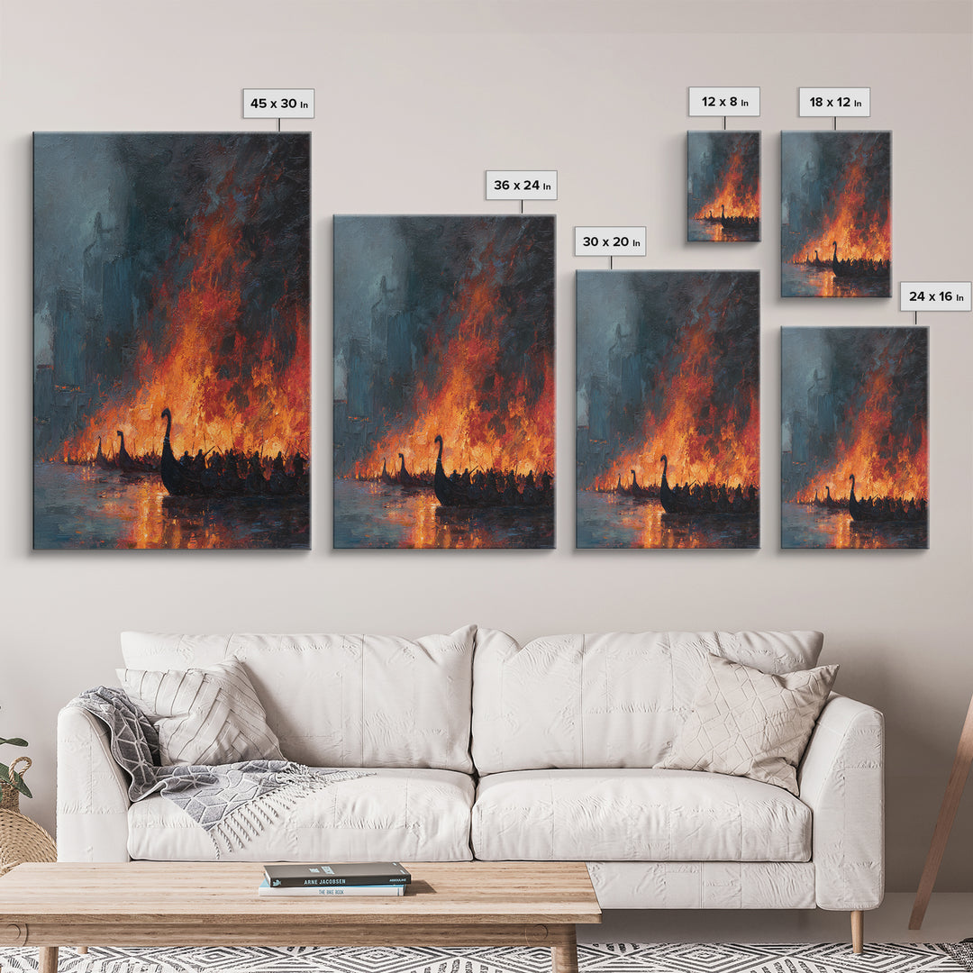 Burning Viking Ships On Dark Harbor Wall Art, Epic Historical Battle Canvas, Moody Seascape, Fantasy Living Room Decor, Home Decor