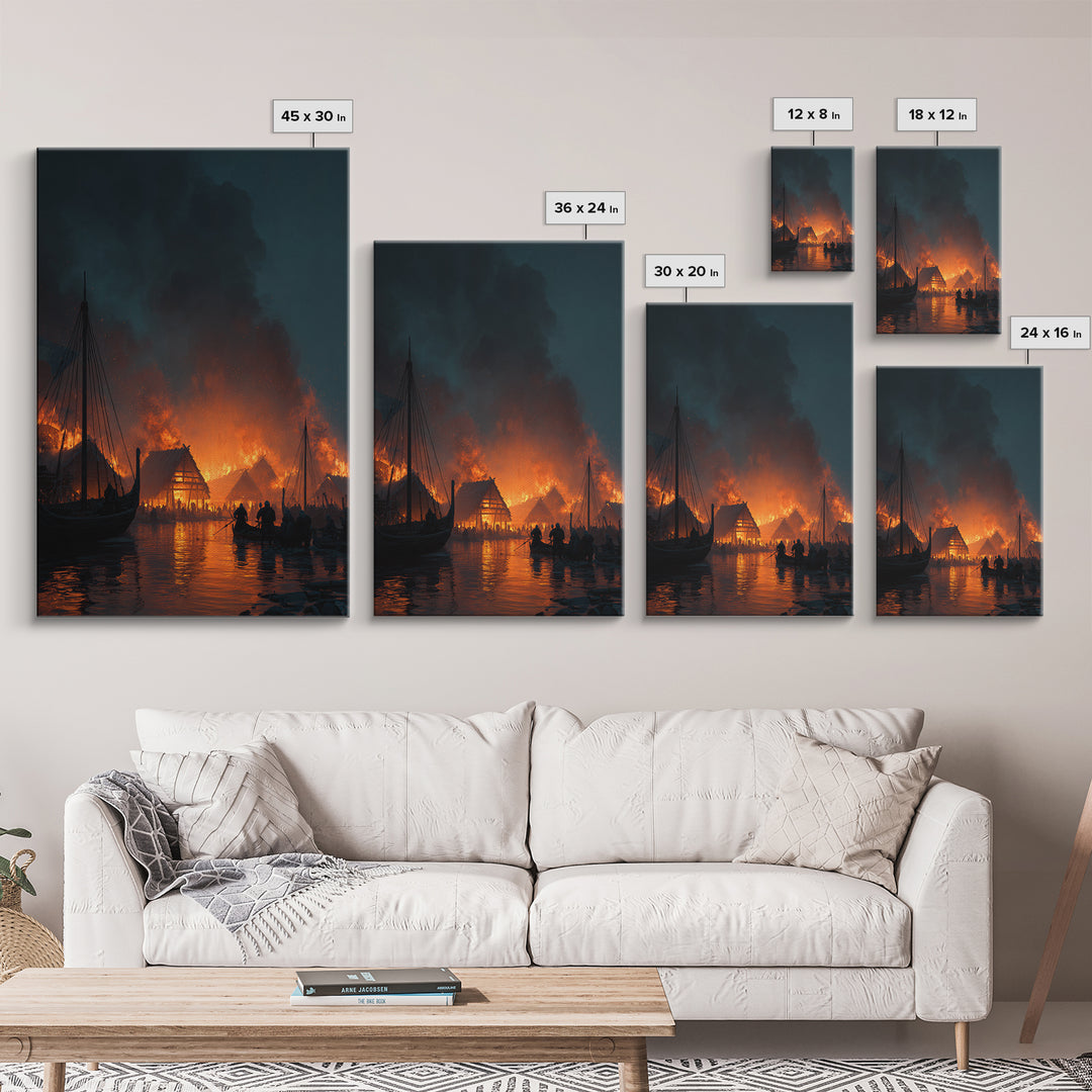 Burning Viking Harbor At Night Wall Art, Nordic Village Canvas Print, Dark Fantasy Decor, Moody Seascape Living Room Art