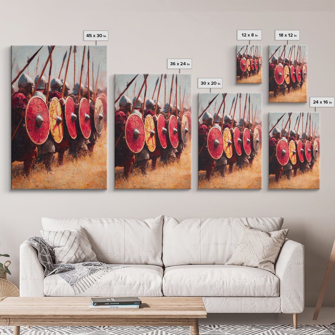 Viking Shield Wall With Red Round Shields Canvas Print, Medieval Warrior Wall Art For Rustic Game Room Decor And Gift For Him