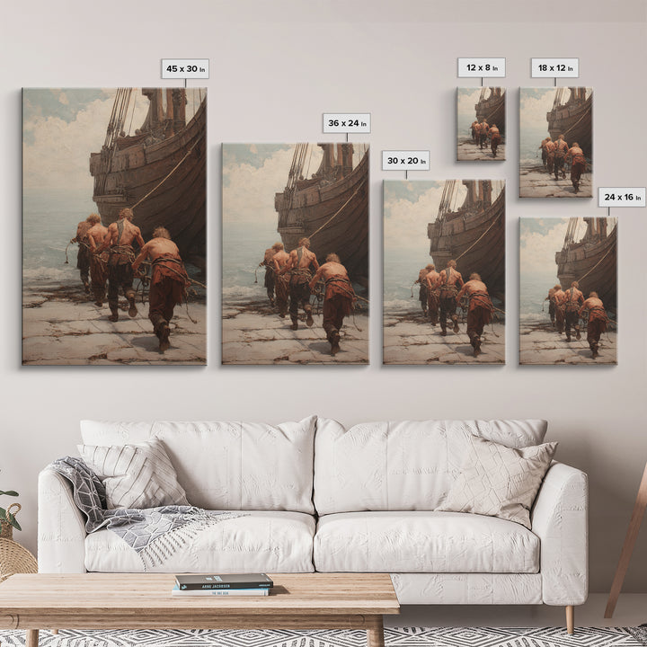 Ancient Ship Haulers Canvas Print, Roman Harbor Warrior Wall Art, Historical Oil Painting, Masculine Office Decor Gift For Him