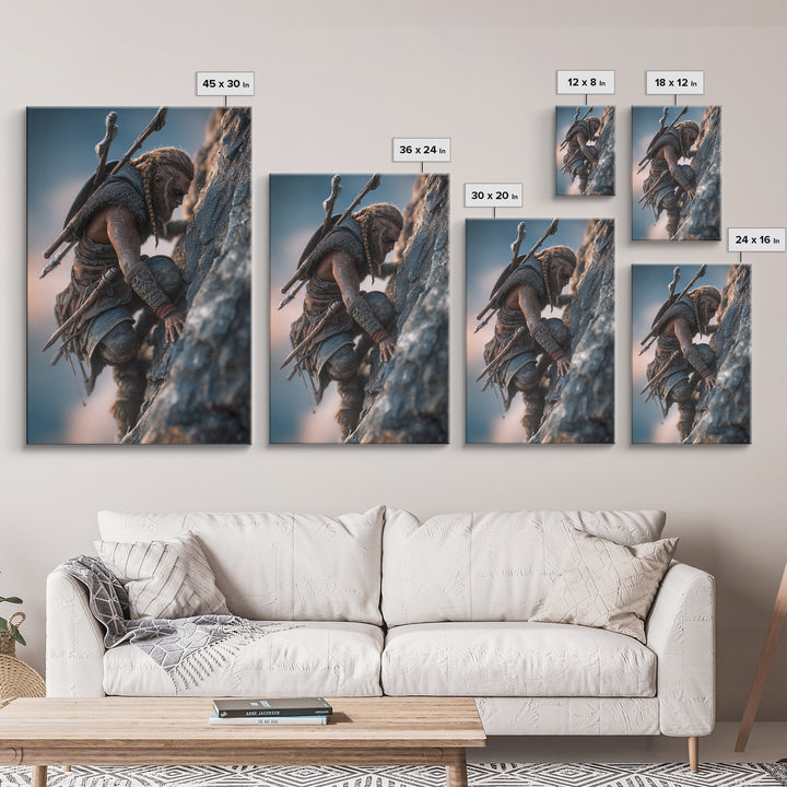 Viking Climbing Sheer Mountain Cliff Framed Canvas Print, Norse Warrior Wall Art, Fantasy Adventure Decor Print, Gift For Him