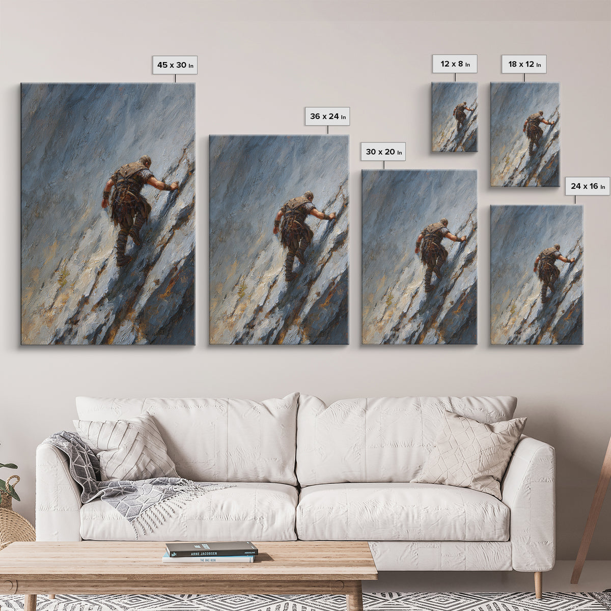 Viking Climber Scaling Icy Mountain Face Framed Canvas Print, Adventure Wall Art, Norse Landscape Office Decor, Gift For Him