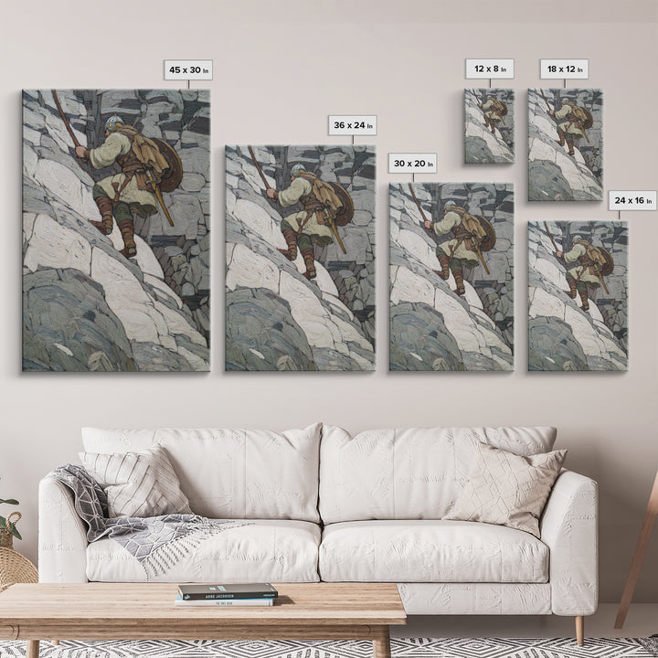 Viking Climber Scaling Snowy Cliffs Canvas Print, Norse Adventure Wall Art, Mountain Landscape Decor, Rustic Cabin Gift Print