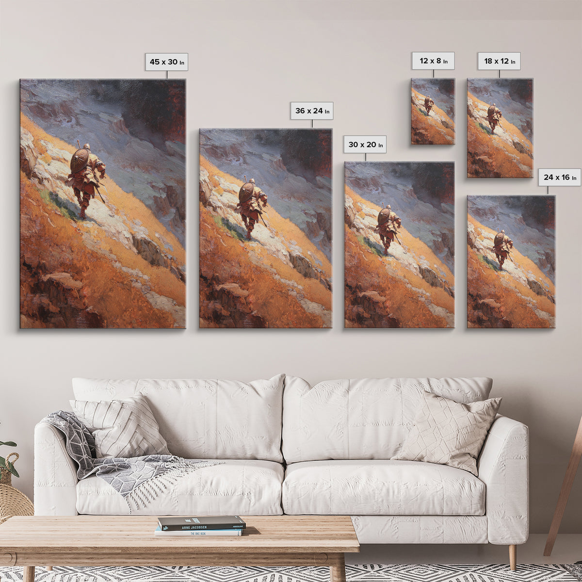 Armored Warrior Hiking Rugged Mountain Pass Canvas Print, Fantasy Landscape Art, Viking Wall Decor, Adventure Home Decor
