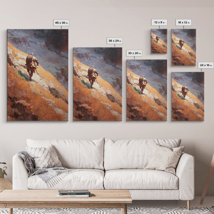 Armored Warrior Hiking Rugged Mountain Pass Canvas Print, Fantasy Landscape Art, Viking Wall Decor, Adventure Home Decor