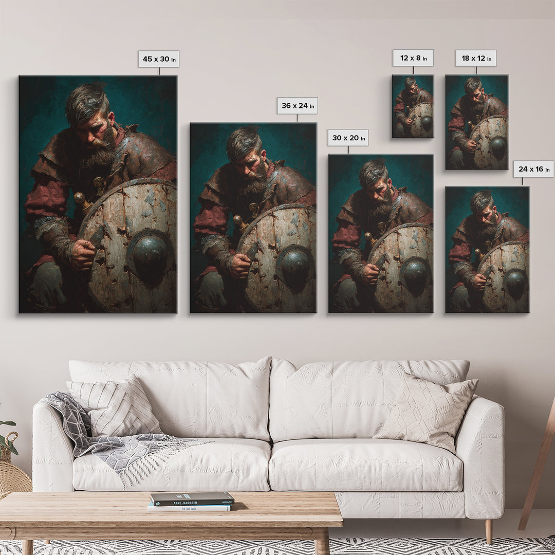 Bearded Viking With Weathered Shield, Canvas Print, Dark Academia Wall Decor, Medieval Portrait Art, Masculine Office Decor