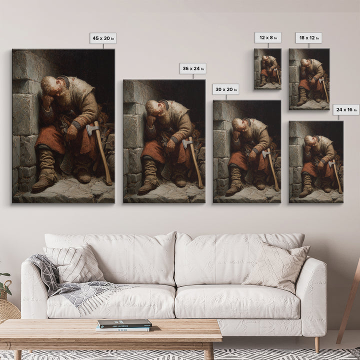 Exhausted Medieval Blacksmith Sleeping By Stone Wall, Canvas Print, Rustic Wall Art, Historical Portrait, Workshop Decor