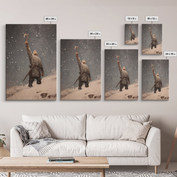 Snowy Viking Warrior Raising Axe, Medieval Fantasy Wall Art, Nordic Oil Painting Print, Rustic Cabin Decor, Gift For Him