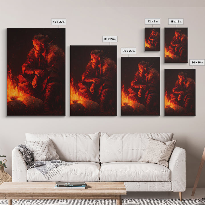 Viking Inspired Bearded Warrior Sitting By Campfire Dramatic Oil Painting Large Framed Canvas Print For Moody Wall Art Rustic Home Décor