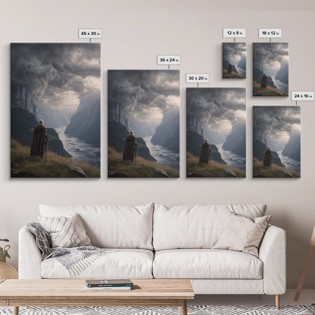 Cloaked Warrior Over Stormy Fjord Wall Art, Epic Nordic Landscape Canvas Print, Dark Academia Decor, Mountain Art Living Room Decor