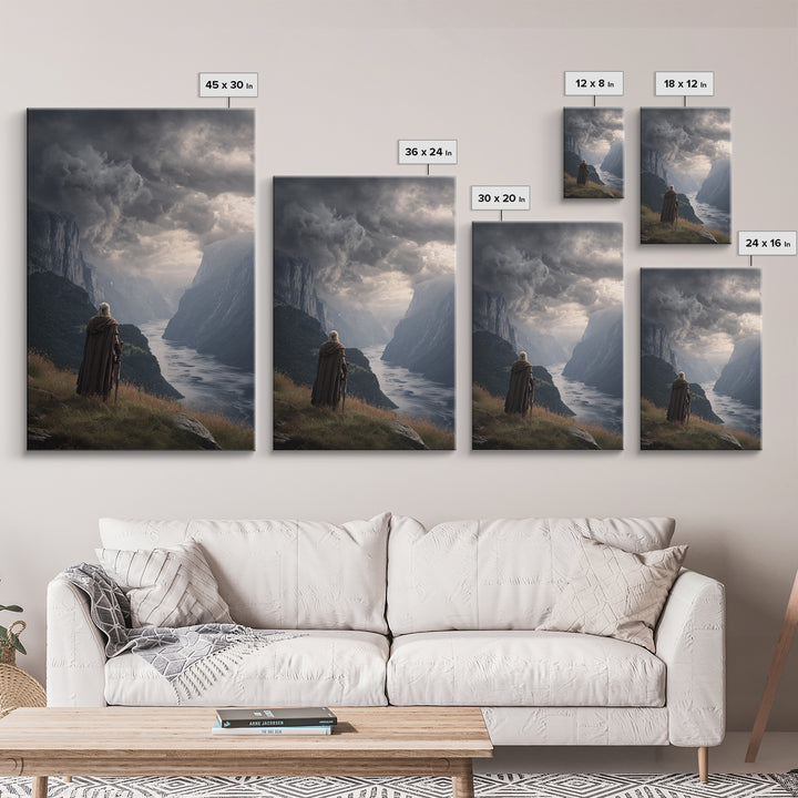 Cloaked Warrior Over Stormy Fjord Wall Art, Epic Nordic Landscape Canvas Print, Dark Academia Decor, Mountain Art Living Room Decor