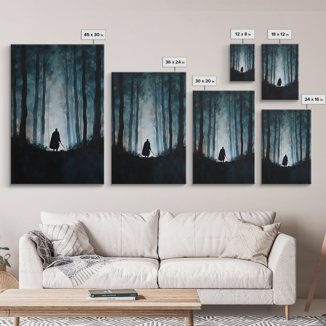 Lone Warrior In Misty Blue Forest Wall Art, Dark Fantasy Canvas Print, Moody Woodland Decor, Medieval Adventure Gift For Him