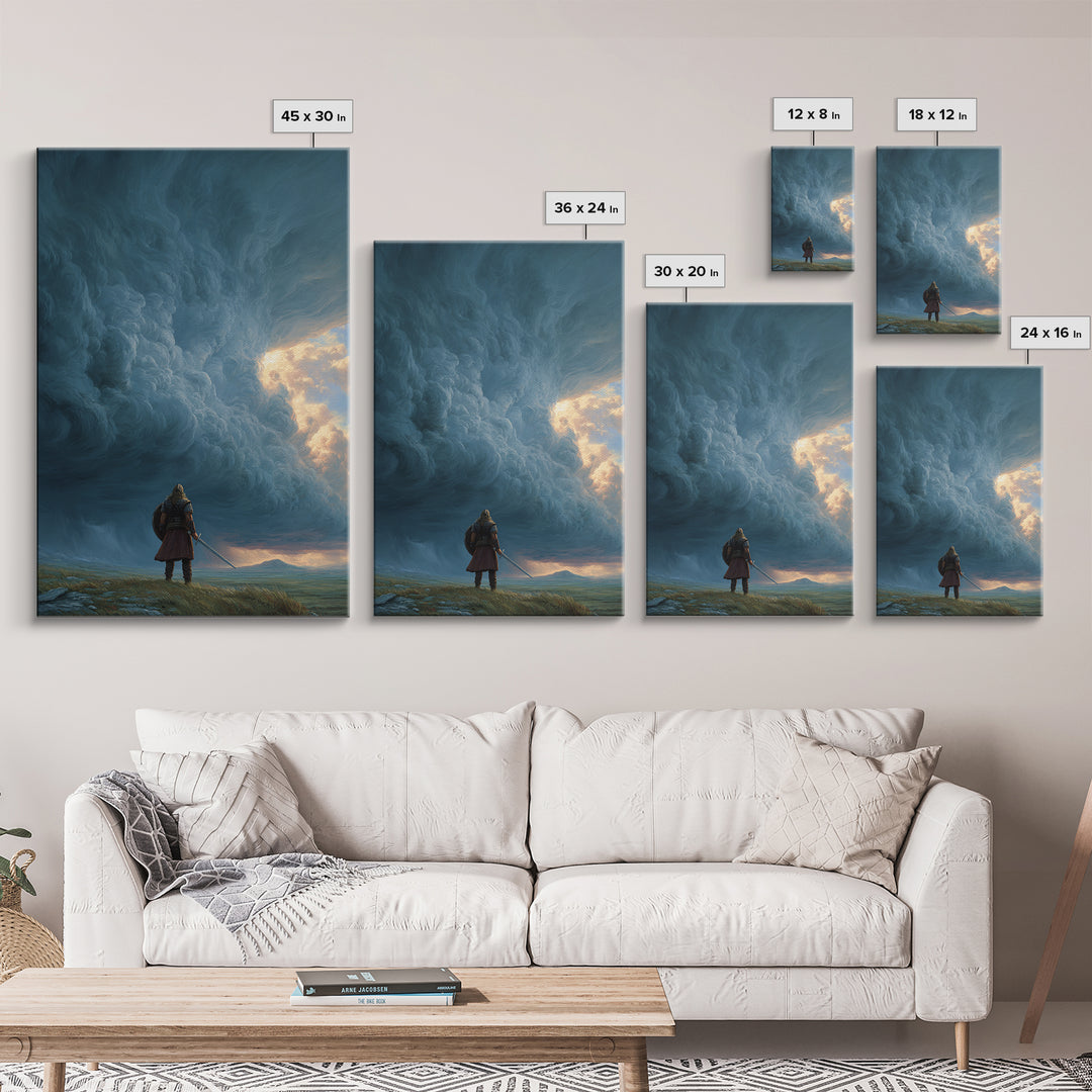 Lone Warrior Beneath Colossal Storm Clouds Wall Art, Fantasy Landscape Canvas, Dramatic Sky Decor, Large Statement Artwork