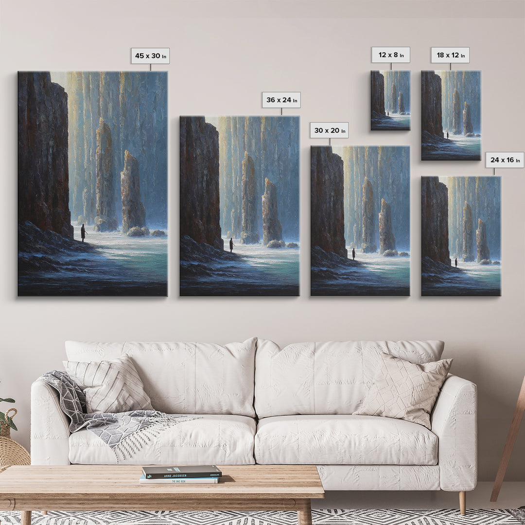 Lone Figure Among Blue Sea Cliffs Canvas Print, Moody Coastal Landscape Art, Fantasy Wall Decor, Modern Home Decor For Office