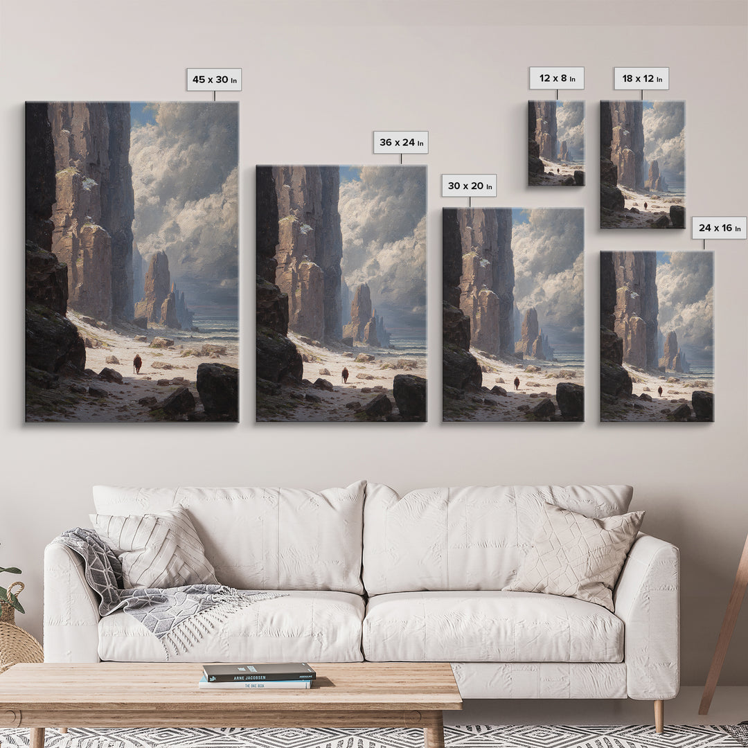 Towering Sea Cliffs And Lone Wanderer Canvas Print, Moody Coastal Landscape Art, Nautical Wall Decor, Living Room Art Print